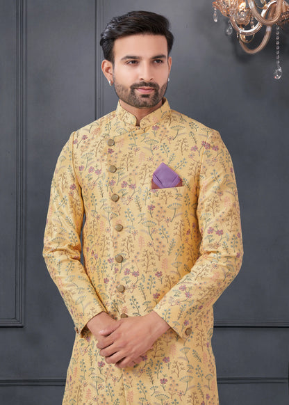 Ensemble Kurta Sophistiqué jaune avec broderies fleurs en soie COLLECTION ROSHAN