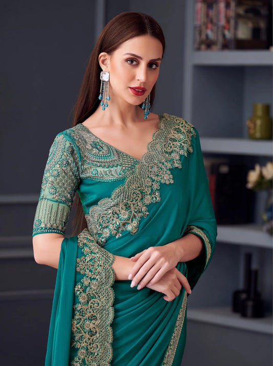 Sari de soirée bleu canard en soie chiffon avec broderie au fil et sequins