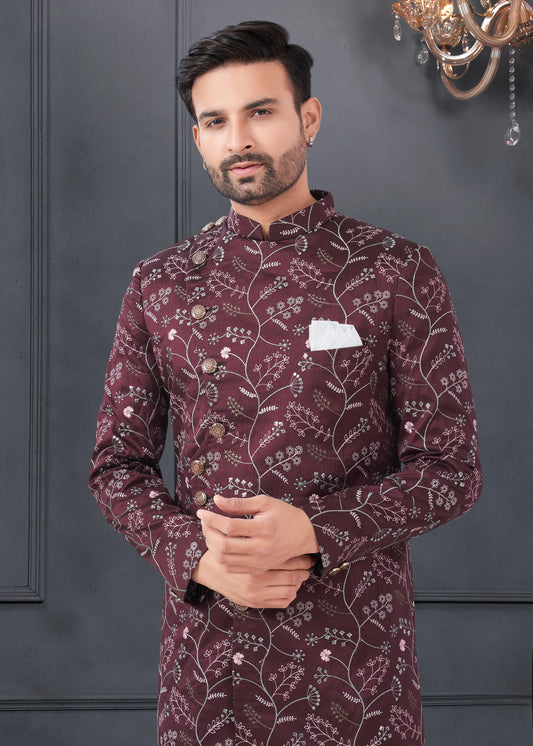 Ensemble Kurta Sophistiqué marron bordeaux avec broderies fleurs en soie COLLECTION ROSHAN
