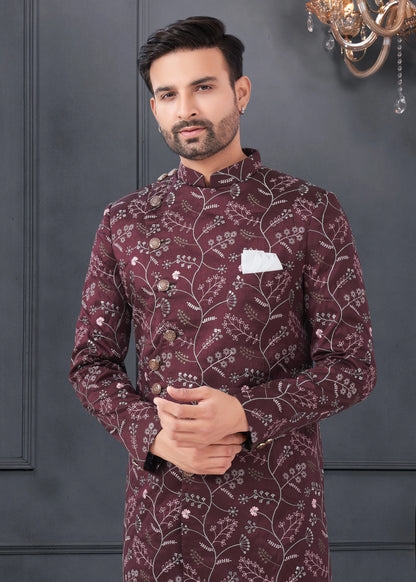 Ensemble Kurta Sophistiqué marron bordeaux avec broderies fleurs en soie COLLECTION ROSHAN