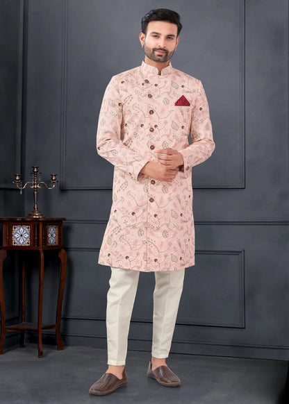Ensemble Kurta Sophistiqué rose poudré avec broderies fleurs en soie COLLECTION ROSHAN