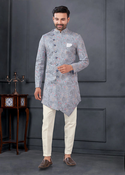 Ensemble Kurta Sophistiqué gris bleuté avec broderies fleurs en soie COLLECTION ROSHAN