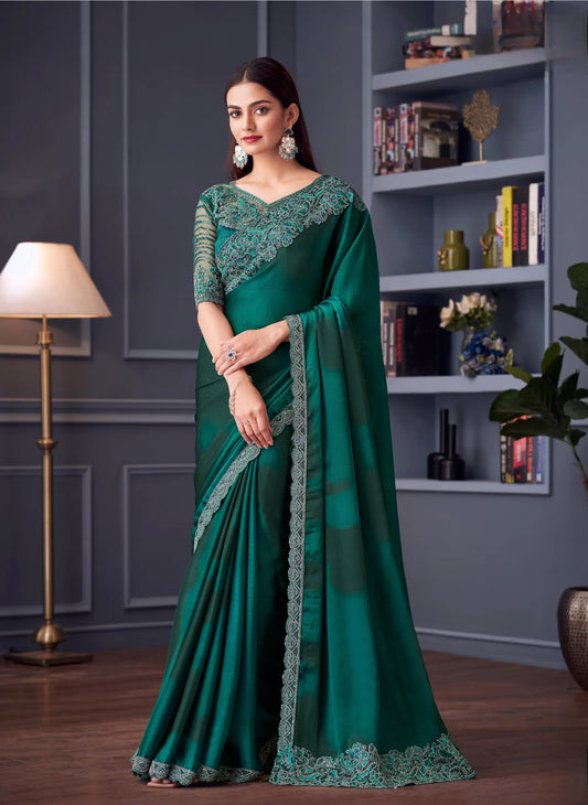 Green satin chiffon silk sari for festive occasions with thread embroidery and sequins