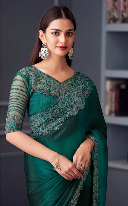 Green satin chiffon silk sari for festive occasions with thread embroidery and sequins