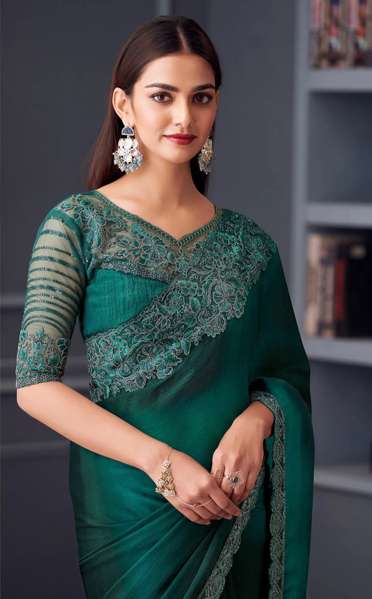 Green satin chiffon silk sari for festive occasions with thread embroidery and sequins