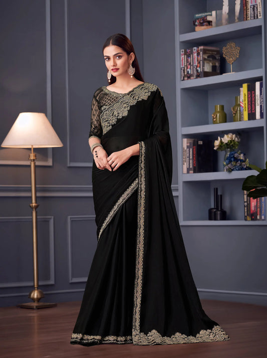 Sari noir en satin chiffon soie pour fêtes avec broderie au fil et sequins