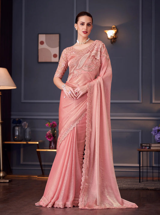 Pfirsichfarbener Abendsari aus Satin-Chiffon-Seidenglas mit Fadenstickerei und Pailletten
