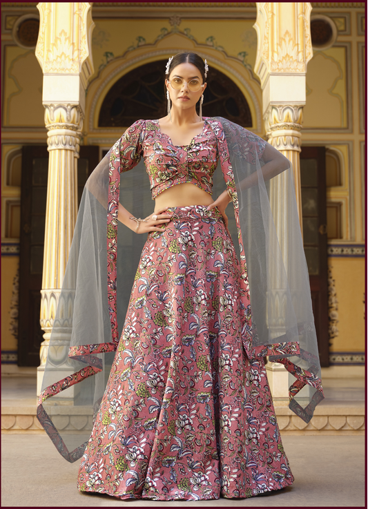 Rosa 3-teiliges Lehenga-Jacken-Set (Koti) mit Stickdetails
