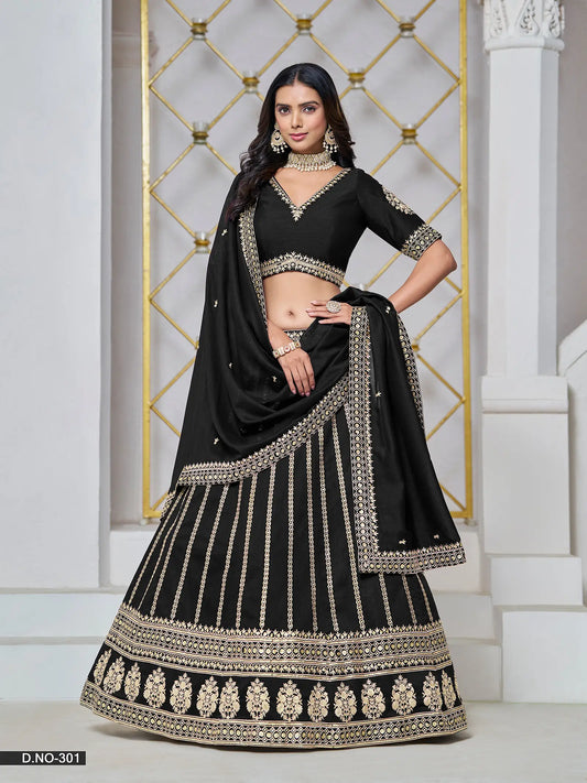 Designer Lehenga Choli aus schwarzer Kunstseide mit Fadenstickerei und Pailletten