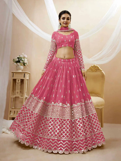 Lehenga rose clair en georgette avec broderie en sequins et zari