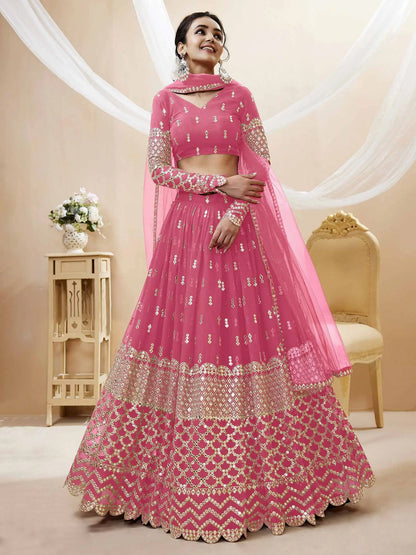 Lehenga rose clair en georgette avec broderie en sequins et zari
