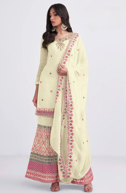 Ensemble Sharara en Georgette Jaune Clair avec Broderie à la Main, Fils Multicolores et Sequins