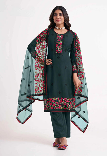 Ensemble Salwar Vert Foncé en Georgette avec Broderie Florale Artisanale à Zari, Sequins et Fils Multicolores