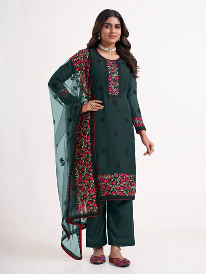 Ensemble Salwar Vert Foncé en Georgette avec Broderie Florale Artisanale à Zari, Sequins et Fils Multicolores