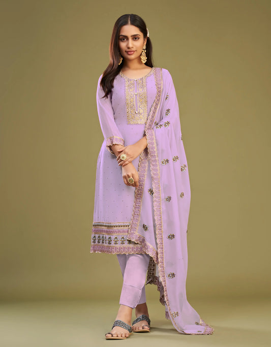 Salwar Kameez Lavande | Robe Traditionnelle Brodée | Tenue de Soirée avec Cristaux et Perles