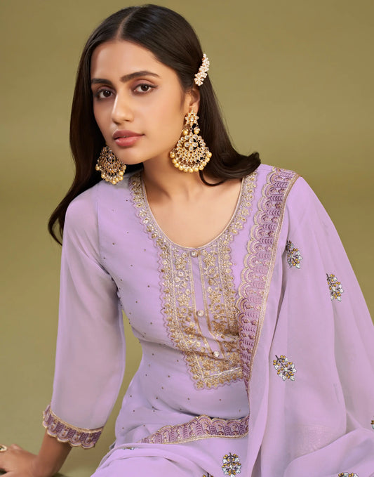 Salwar Kameez Lavande | Robe Traditionnelle Brodée | Tenue de Soirée avec Cristaux et Perles