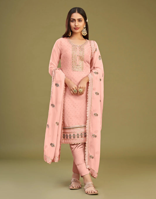 Pfirsichrosa Salwar Kameez | Traditionelles besticktes Kleid | Partykleid mit Kristallen und Perlen
