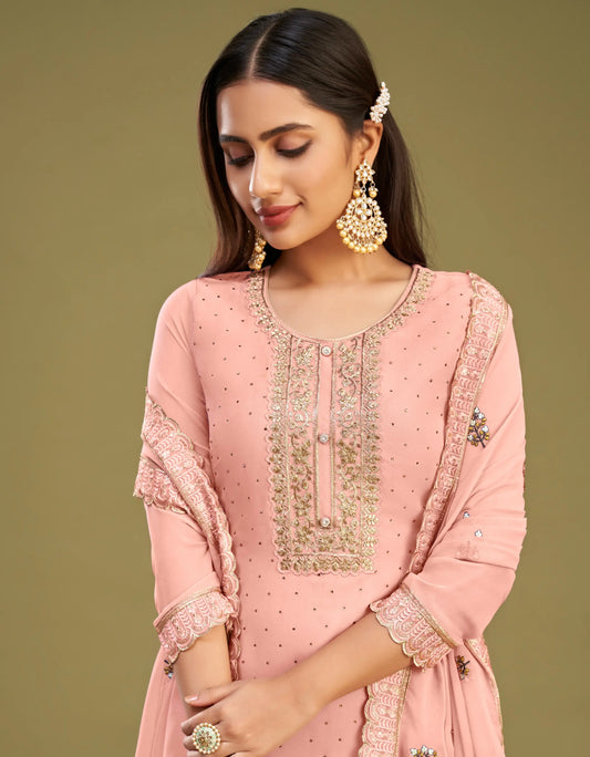 Pfirsichrosa Salwar Kameez | Traditionelles besticktes Kleid | Partykleid mit Kristallen und Perlen