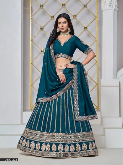 Designer Lehenga choli de créateur en art silk bleu-vert foncé avec broderies de fils et sequins