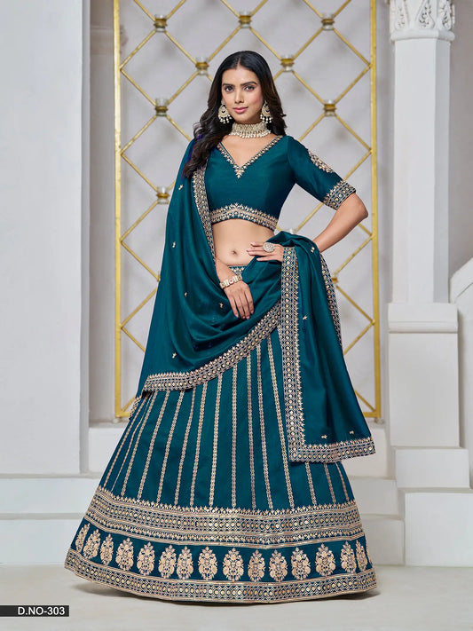 Designer Lehenga Choli aus dunkelblau-grüner Kunstseide mit Fadenstickerei und Pailletten