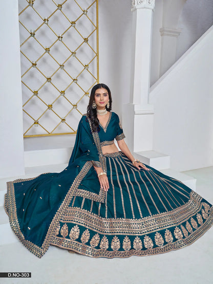 Designer Lehenga choli de créateur en art silk bleu-vert foncé avec broderies de fils et sequins
