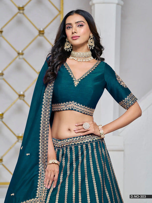 Designer Lehenga Choli aus dunkelblau-grüner Kunstseide mit Fadenstickerei und Pailletten