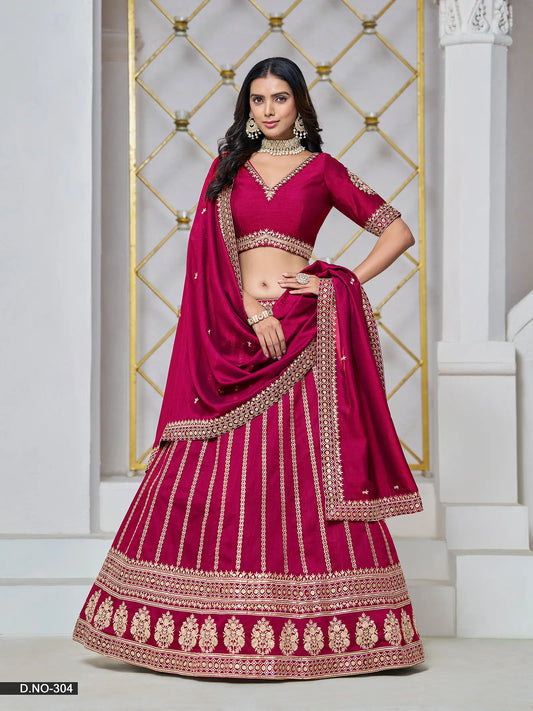 Designer Lehenga Choli aus kirschrosa Kunstseide mit Fadenstickerei und Pailletten