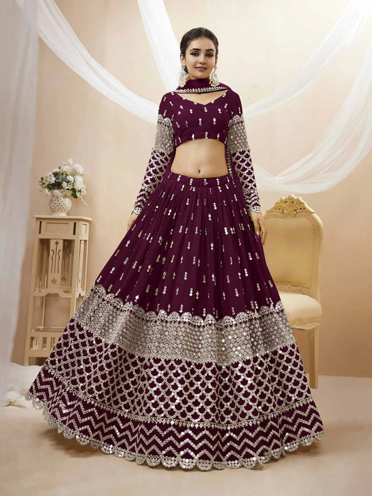 Lehenga en georgette couleur violet raisin foncé avec broderie en sequins et zari