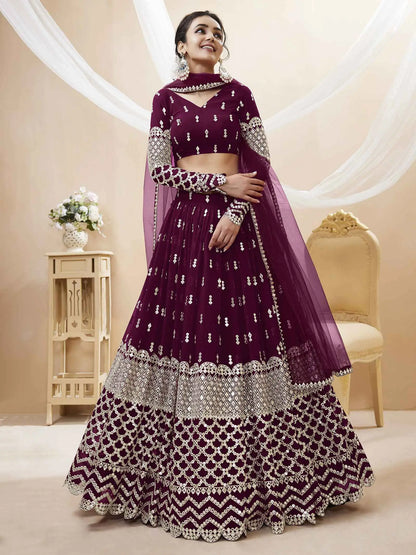 Dark grape purple georgette lehenga with sequin and zari embroidery