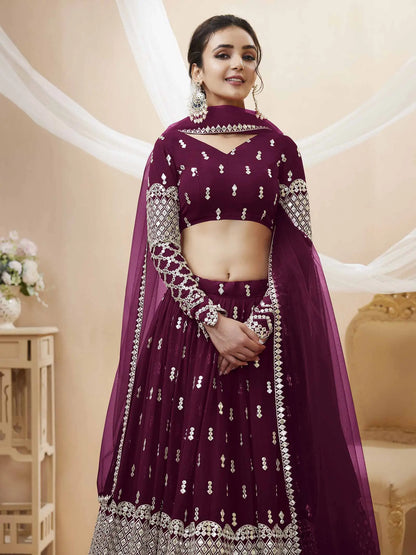 Dark grape purple georgette lehenga with sequin and zari embroidery