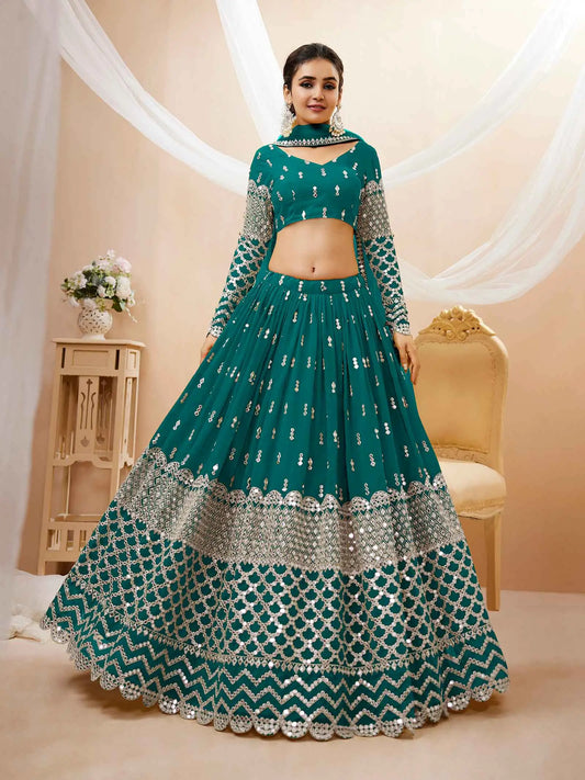 Lehenga bleu canard en georgette avec broderies en sequins et en zari