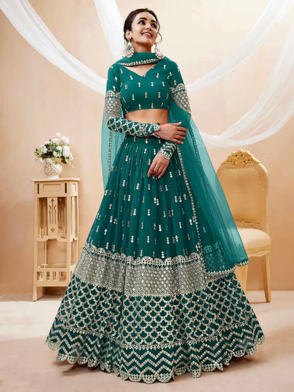 Lehenga bleu canard en georgette avec broderies en sequins et en zari