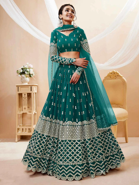 Lehenga bleu canard en georgette avec broderies en sequins et en zari