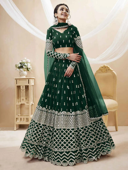 Lehenga Vert en Georgette avec Broderie de Sequins et Dupatta