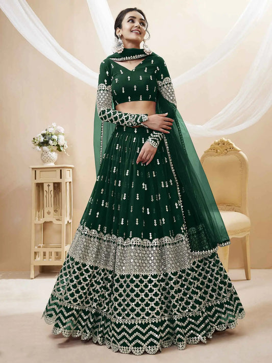 Lehenga Vert en Georgette avec Broderie de Sequins et Dupatta