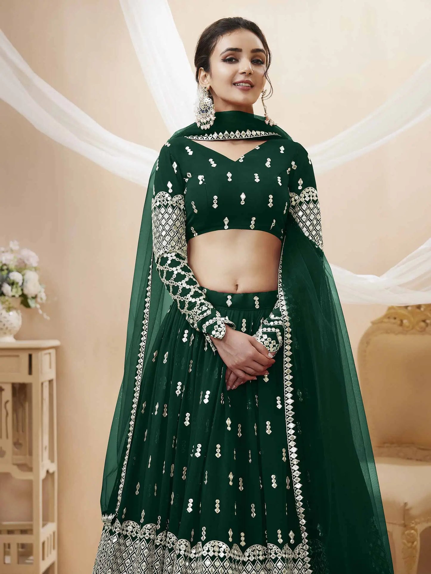 Lehenga Vert en Georgette avec Broderie de Sequins et Dupatta