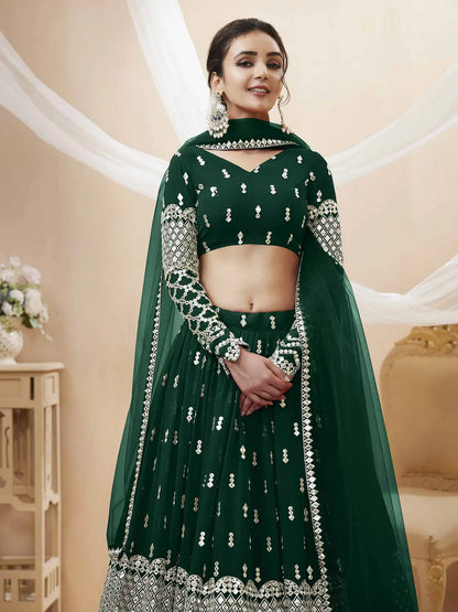 Lehenga Vert en Georgette avec Broderie de Sequins et Dupatta