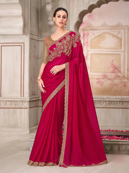 Sari de soirée en soie rouge cerise avec broderie de sequins et fils