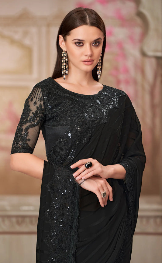 Sari de soirée noir en georgette avec broderie de sequins et de fil