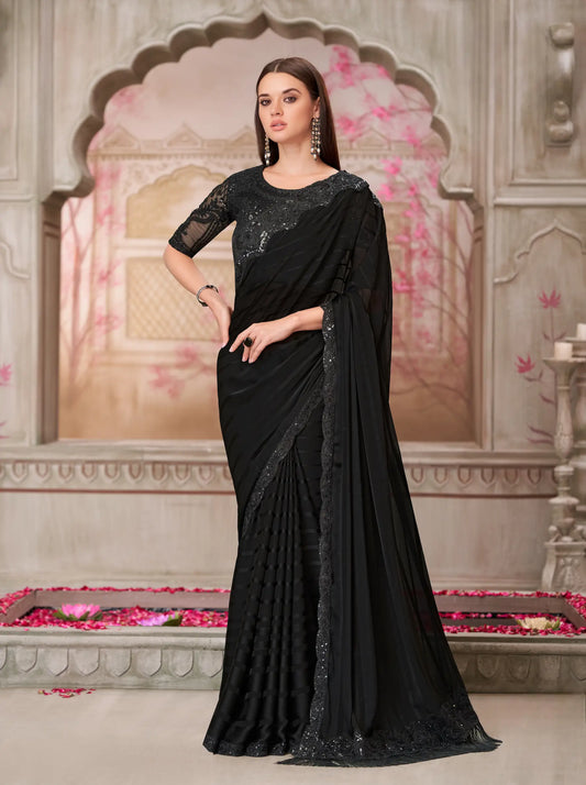 Sari de soirée noir en georgette avec broderie de sequins et de fil