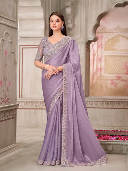 Lavendelfarbener Party-Sari aus Chiffon-Seide mit Fadenstickerei und Pailletten