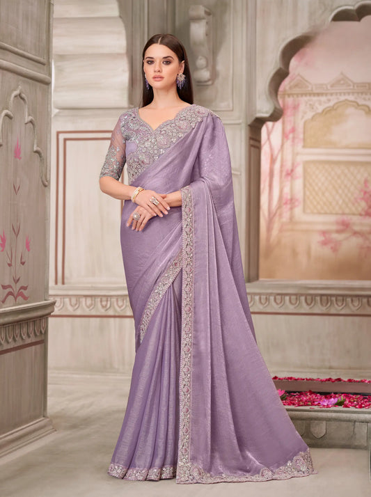 Sari de fête en soie chiffon lavande avec broderie au fil et sequins