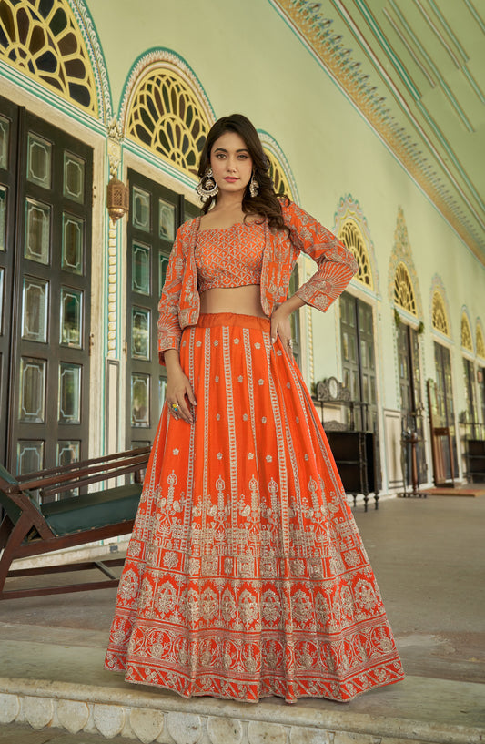 Orangefarbenes 3-teiliges Lehenga-Jacken-Set (Koti) mit Stickdetails (Kopie)
