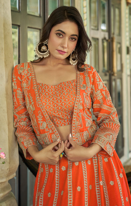 Orangefarbenes 3-teiliges Lehenga-Jacken-Set (Koti) mit Stickdetails (Kopie)
