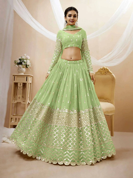 Lehenga Vert Pistache Georgette avec broderie de sequins et dupatta en filet doux