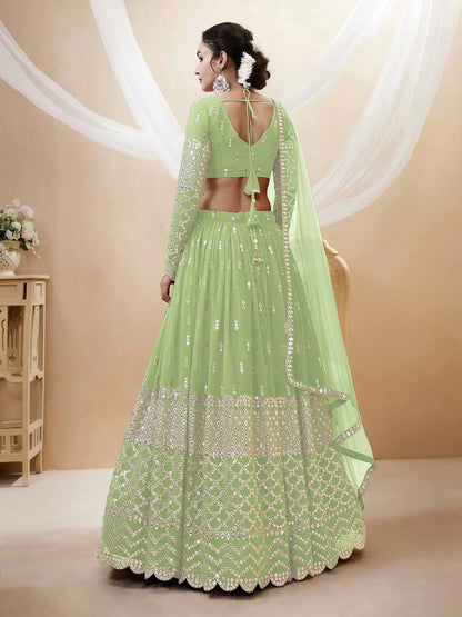 Lehenga Vert Pistache Georgette avec broderie de sequins et dupatta en filet doux