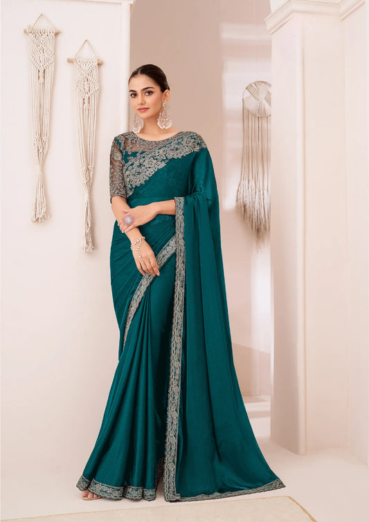 Sari de fête en georgette chiffon vert sarcelle avec broderie de sequins et de fils