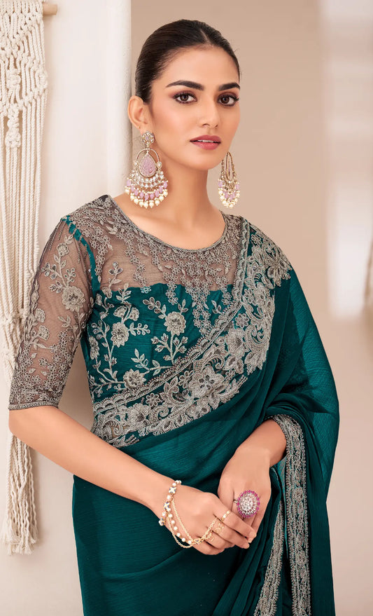 Sari de fête en georgette chiffon vert sarcelle avec broderie de sequins et de fils