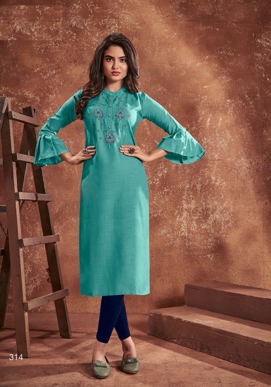 Blaues, schweres Kurta-Oberteil aus Viskose, mittellang, im Designer-Stil