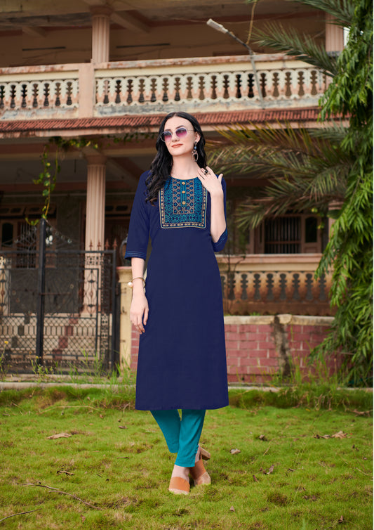 Haut Kurta mi-long bleu en coton Nira